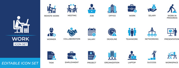 Work icon set featuring office tasks, teamwork, collaboration, employment, job, meeting, networking, presentation, progress, project, success, task, and professional activity visuals.