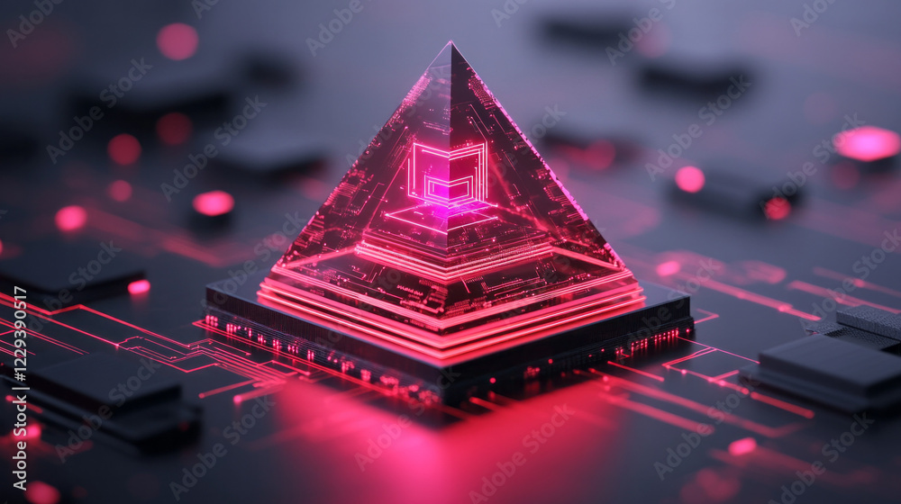 Aufkleber An elegant, abstract composition showcasing a pyramid formation of translucent digital blocks with glowing circuit patterns,