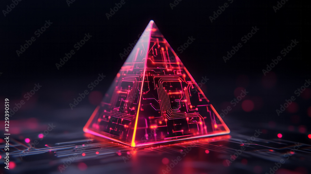 Poster An elegant, abstract composition showcasing a pyramid formation of translucent digital blocks with glowing circuit patterns,