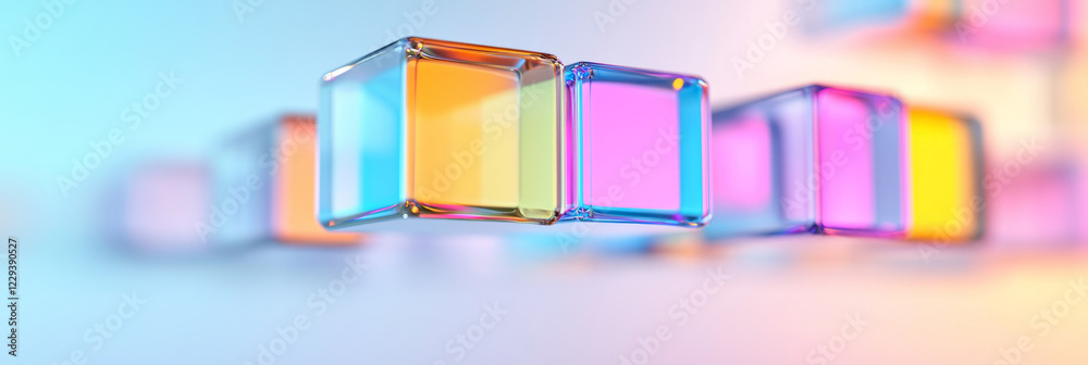 Poster a creative 3d model capturing reflective, multi-colored cubes arranged in shifting layers, suggestin