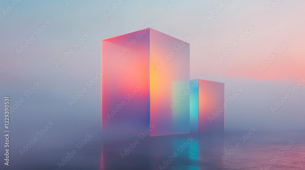 Fototapete a high-resolution digital collage of floating geometric blocks illuminated by subtle neon highlights