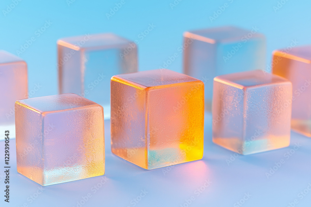 Aufkleber A detailed macro shot focusing on the edges of stacked, semi-transparent cubes, highlighting their luminescent lines and crisp angles,