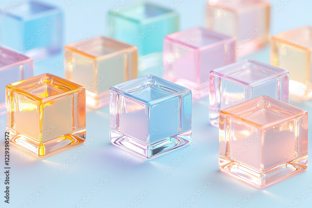 Poster a detailed macro shot focusing on the edges of stacked, semi-transparent cubes, highlighting their l
