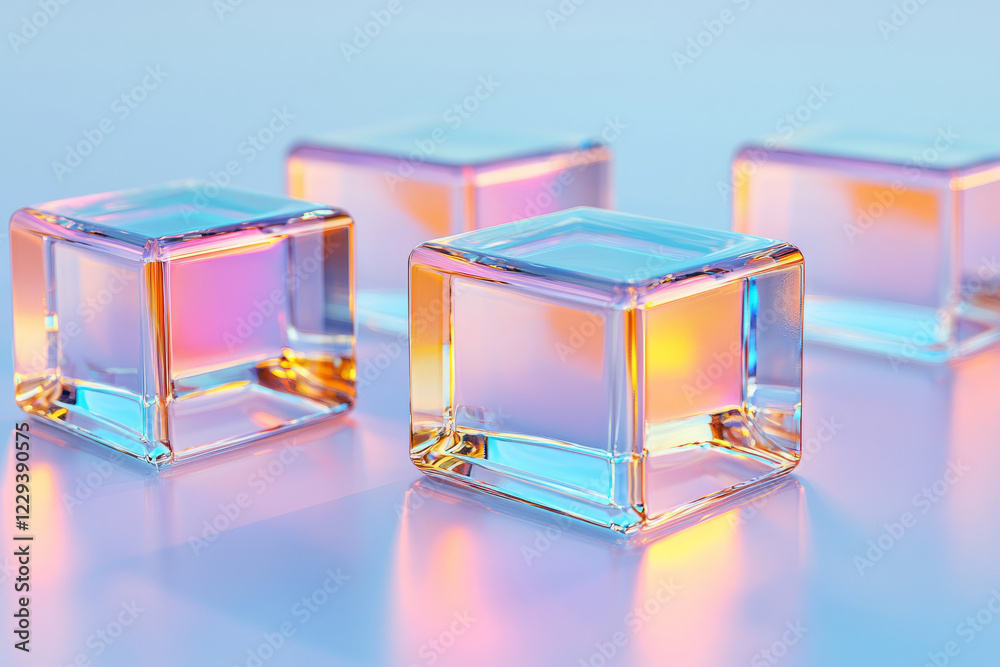 Poster A detailed macro shot focusing on the edges of stacked, semi-transparent cubes, highlighting their luminescent lines and crisp angles,