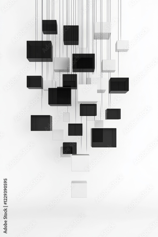Poster A minimalist black-and-white scene where glossy cubical forms are arranged in precise symmetry, symbolizing modern data storage concepts,