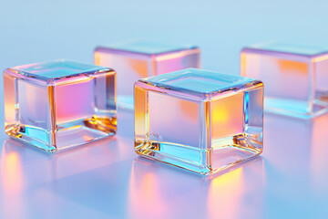 A detailed macro shot focusing on the edges of stacked, semi-transparent cubes, highlighting their luminescent lines and crisp angles,