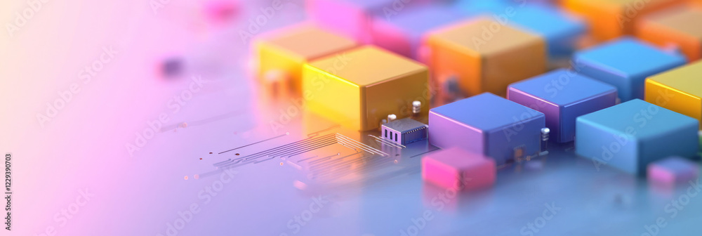 Poster a vibrant illustration of partially disassembled digital blocks revealing circuit-like interiors, il