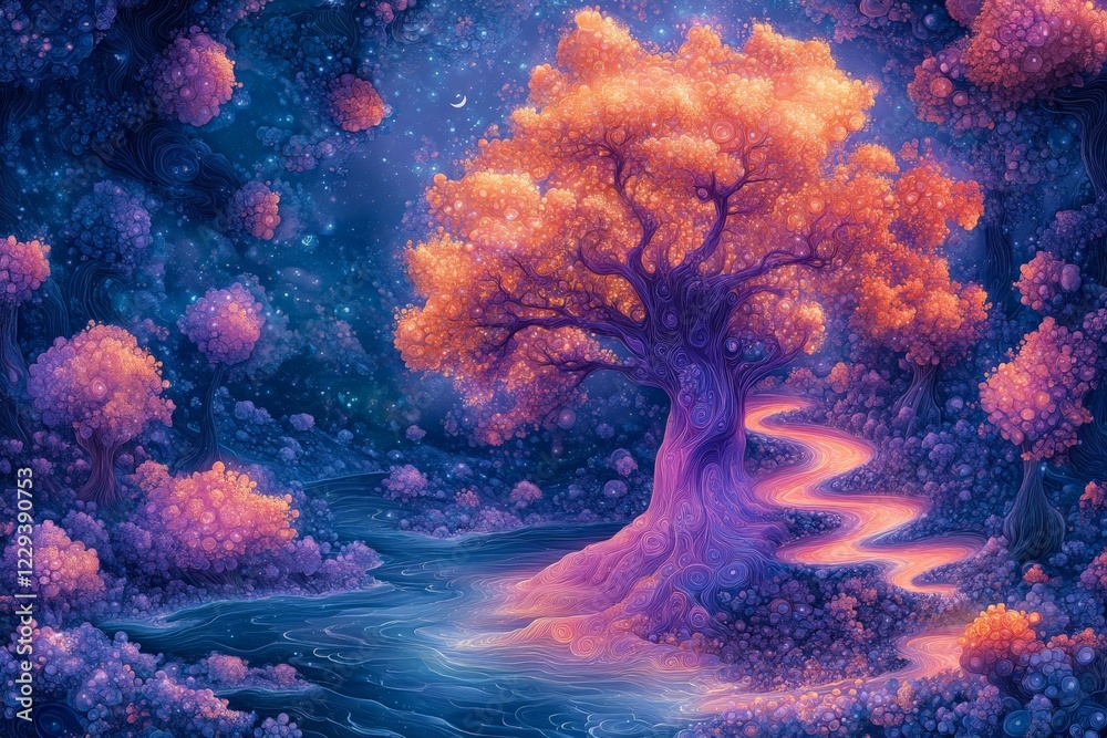 Aufkleber colorful mystical tree illuminates path in enchanting forest at twilight