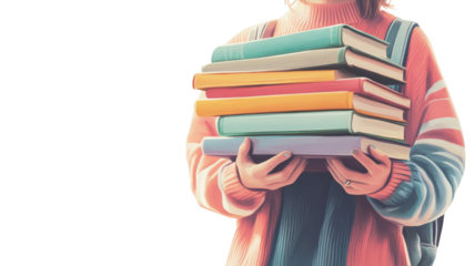 Student carries a stack of colorful books while wearing a cozy sweater in a bright environment