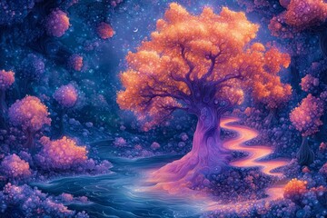 Colorful mystical tree illuminates path in enchanting forest at twilight