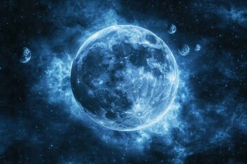 Fototapeta premium Giant glowing moon amidst a cosmic background with distant planets and starlit sky