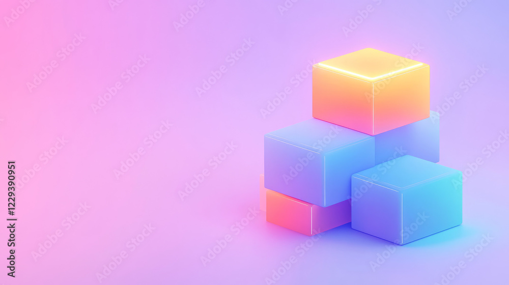 Poster A layered graphic design combining isometric cubes with soft neon glows, conveying the notion of futuristic blocks in motion,