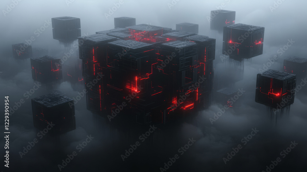 Poster A cinematic still frame of mechanical cubes connecting to form a large structure, each block radiating with a subtle internal glow,