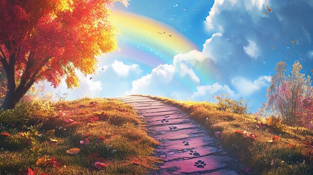 Rainbow bridge leading to the sky with paw prints along the path. picture