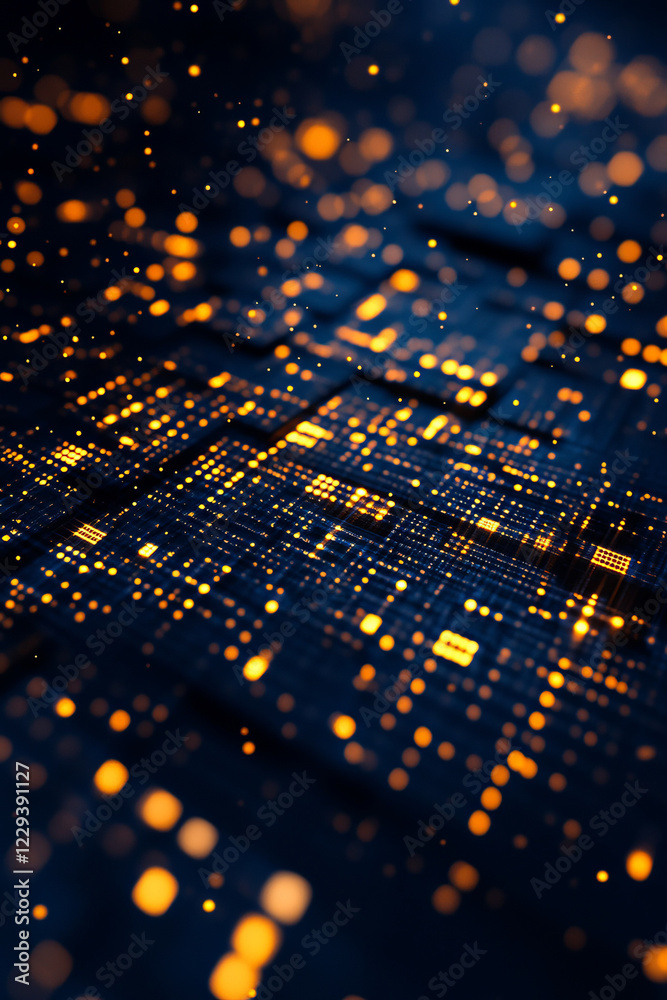 Poster An abstract digital artwork illustrating a chaotic array of shimmering cubes, each inscribed with tiny circuit patterns,