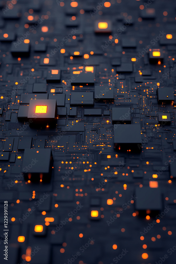 Poster An abstract digital artwork illustrating a chaotic array of shimmering cubes, each inscribed with tiny circuit patterns,