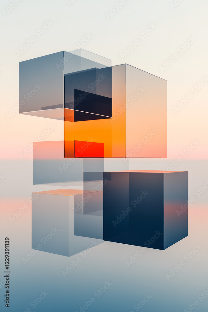 Poster A 3D geometric design featuring minimalistic floating blocks with mirrored surfaces reflecting neon lines on a sleek black background,