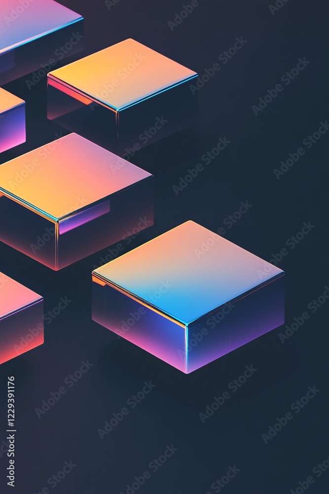 Fototapete a 3d geometric design featuring minimalistic floating blocks with mirrored surfaces reflecting neon 