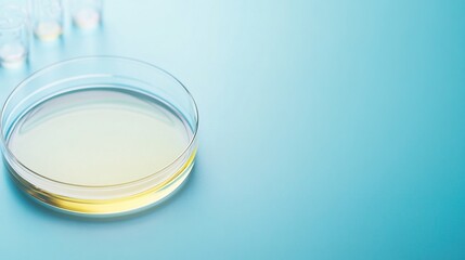 Petri dish with yellow liquid on blue background. (1)