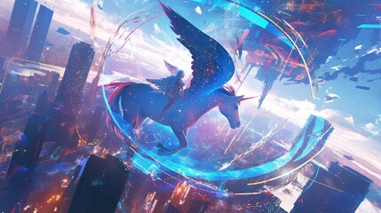 Panoramic urban architecture, modern futuristic technology. Abstract digital high-tech city design for banner background.Pegasus. Fantasy and mythology, astro symbolism, digital business,