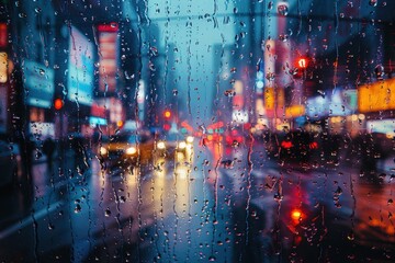 Fototapeta premium Rain drops on a window with a city street in the background