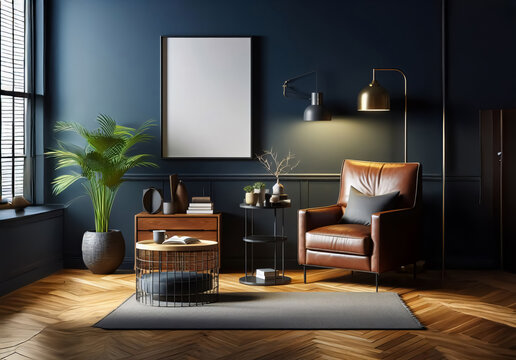 Eleganter Wohnraum mit Sitzm&ouml;bel und einem Blanko-Wandbild, mock-up, Vorlage f&uuml;r Raumbilder mit Poster oder Leinwandbilder