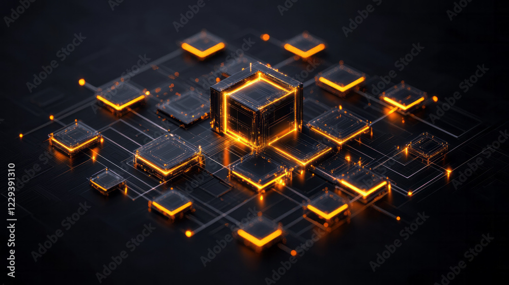 Poster A high-resolution isometric layout of digital blocks arranged like puzzle pieces, glowing from within to represent cutting-edge technology,