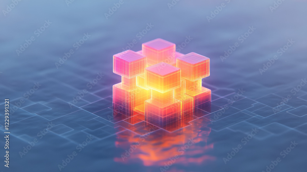 Poster A high-resolution isometric layout of digital blocks arranged like puzzle pieces, glowing from within to represent cutting-edge technology,