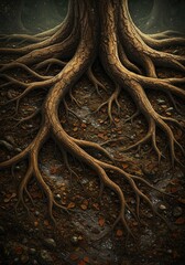 Fototapeta premium Intricate Tree Roots in Forest Floor - Detailed Digital Art with Earthy Tones, Ideal for Nature and Environmental Themes.