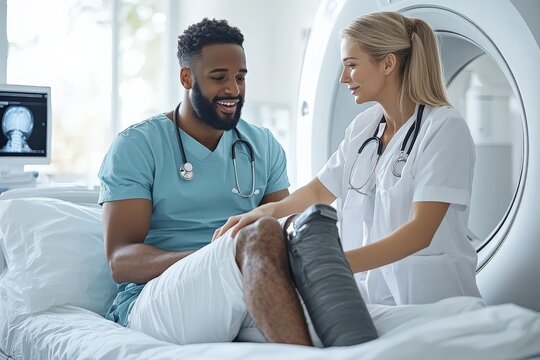 Healthcare professionals assist a patient recovering from surgery in a modern medical facility setting
