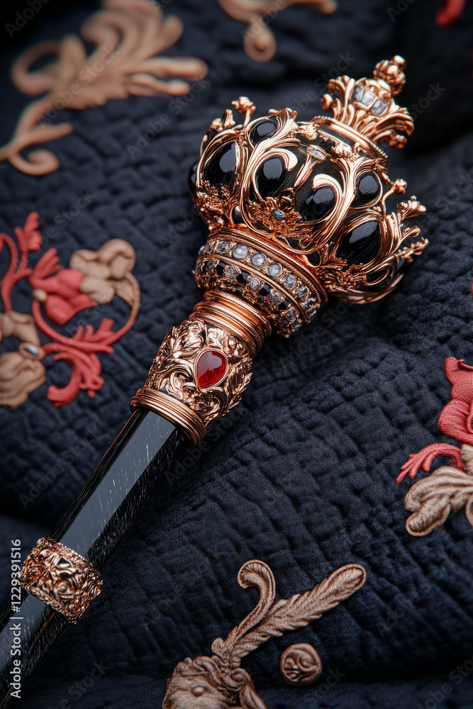 Poster a close-up macro shot of an emperorâ€™s ceremonial scepter resting on an embroidered cushion, focusi