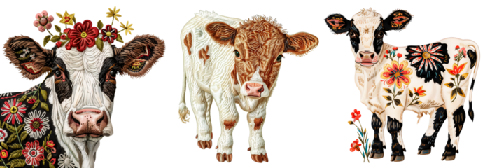 Set of embroidered cow illustrations featuring intricate floral designs and realistic details, showcasing unique artistry on a dark background. Perfect for textile design, crafts, and creative project