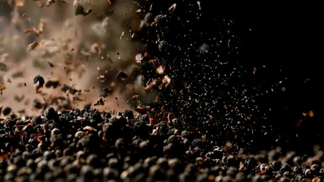 Black pepper powder exploding. Black pepper is a pungent, aromatic spice derived from dried, unripe fruit of the Piper nigrum plant, used globally in cooking. Bold, spicy flavor conceept.