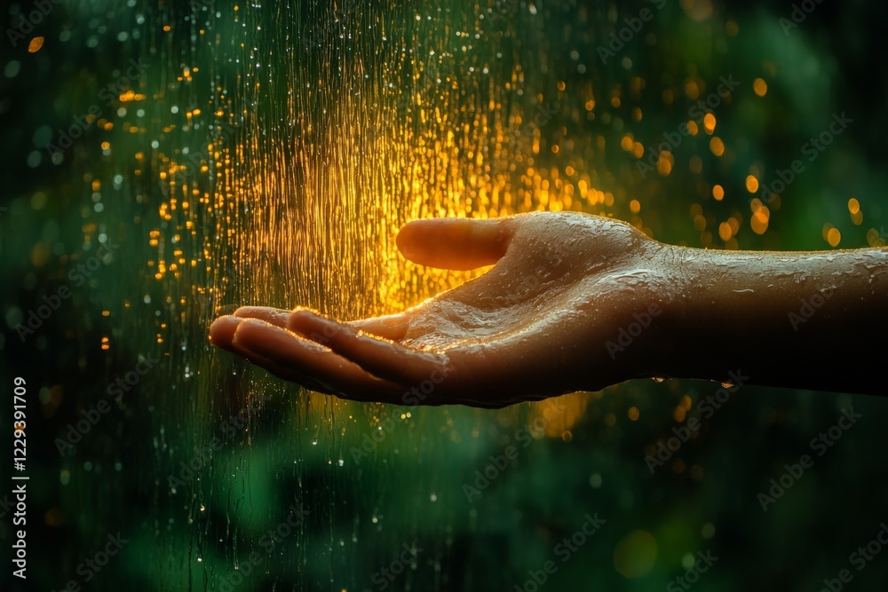 Poster hands reaching for shimmering rain droplets in a lush forest setting during sunset