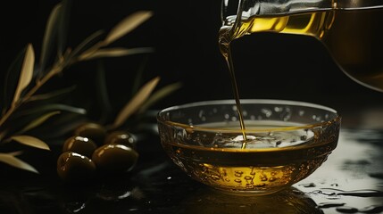 Pouring olive oil into glass bowl.