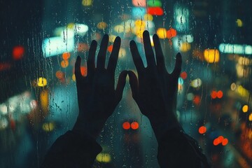 Hands pressed against a rainy window overlooking a vibrant cityscape at night