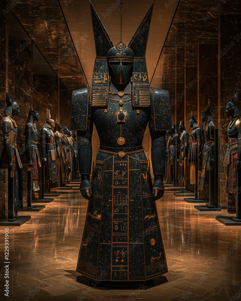 Poster a striking photograph of an emperorâ€™s armor set displayed in a torch-lit hall, reflecting an era o