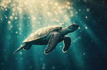 Fototapeta premium Majestic Sea Turtle Gliding Through Sunlit Underwater Depths with Glimmering Bubbles Surrounding It in an Oceanic Dreamscape