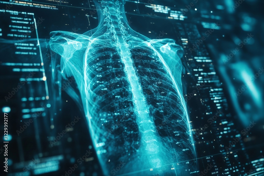 Poster Visual representation of a human ribcage with digital overlay showcasing anatomical details and data analysis context
