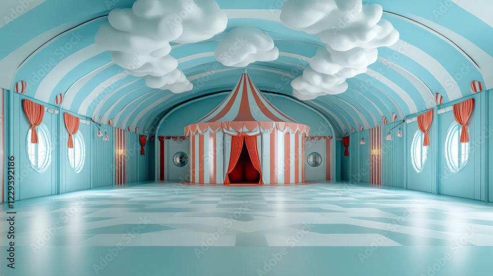 Poster a dreamy digital artwork of a circus tent floating above the clouds, symbolizing the enchanting fant