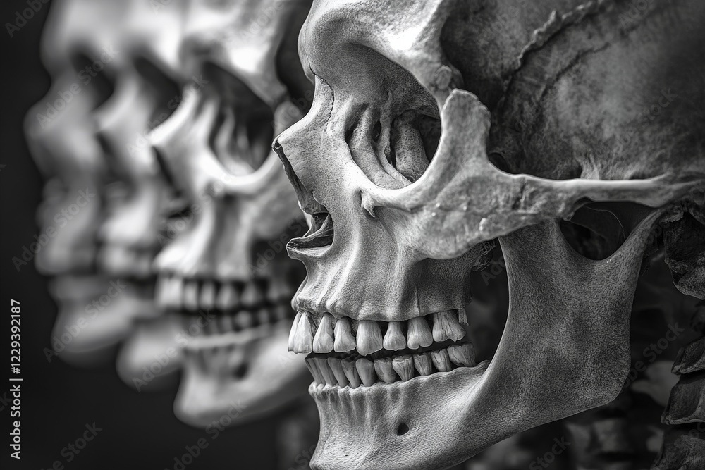 Aufkleber Detailed view of human skulls displayed in a row, showcasing intricate bone structure and texture