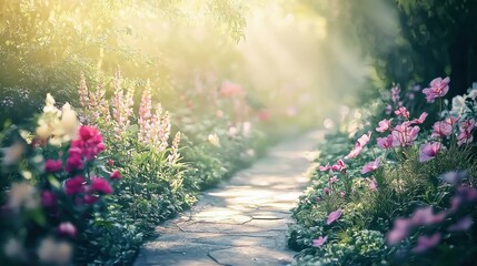 Tranquil flower pathway serene garden nature scene lush environment soft lighting beauty nature