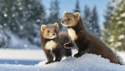 AI generated, animal, animals, mammal, mammals, biotope, habitat, two, foraging, wildlife, young marten, european pine marten (Martes martes), outdoor shot, one animal, landscape
