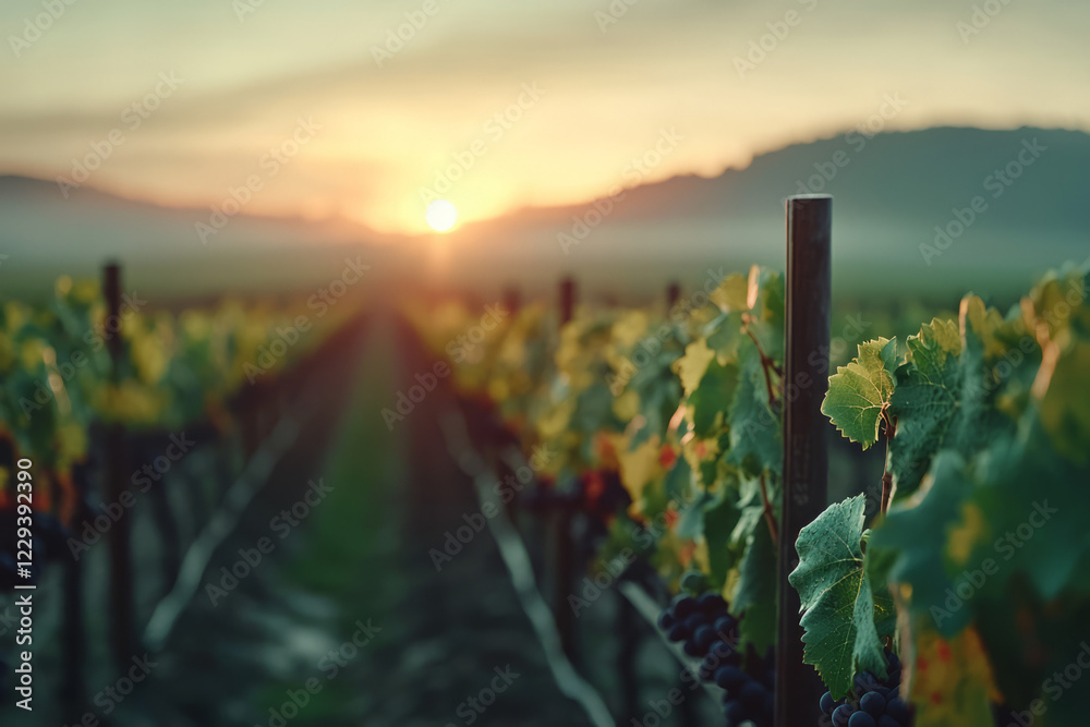 Poster a serene vineyard at sunrise, with morning light highlighting rows of grapevines and a gentle mist c