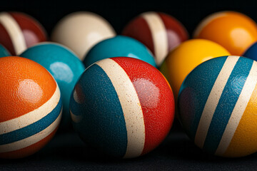 A high-resolution macro shot of colorful juggling balls arranged on a table, highlighting the tools of a classic circus act,