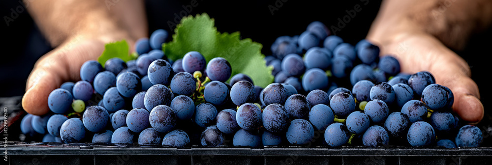 Poster A vibrant photograph of a winemaker carefully inspecting grape clusters, illustrating the attention to detail and craftsmanship in wine production,
