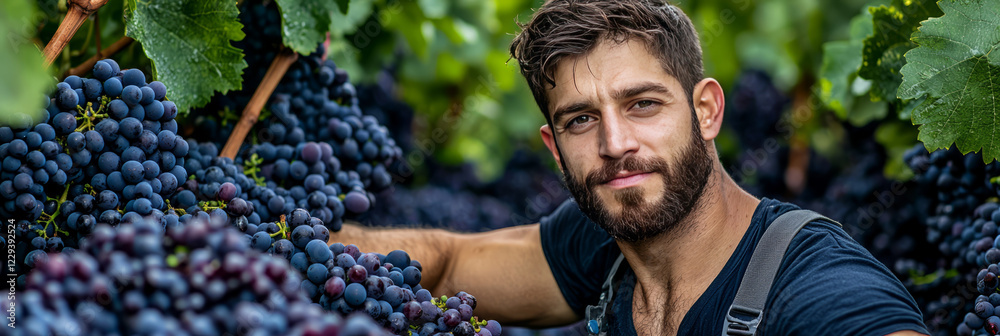 Poster a vibrant photograph of a winemaker carefully inspecting grape clusters, illustrating the attention 