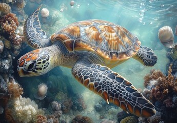 Obraz premium Majestic Sea Turtle Gliding Through Vibrant Coral Reef Beneath Crystal Clear Water with Shells and Marine Life in Underwater Paradise
