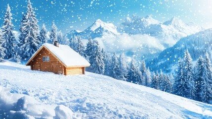 Winter wonderland scene snow-covered mountains cozy cabin serene environment panoramic view tranquility and warmth