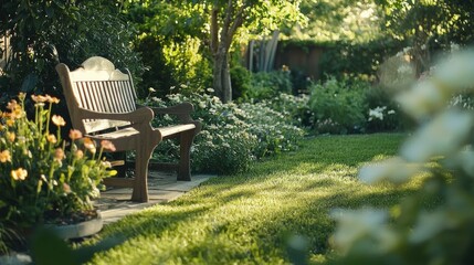 Peaceful garden retreat residential backyard lush greenery close-up view serenity and nature beauty